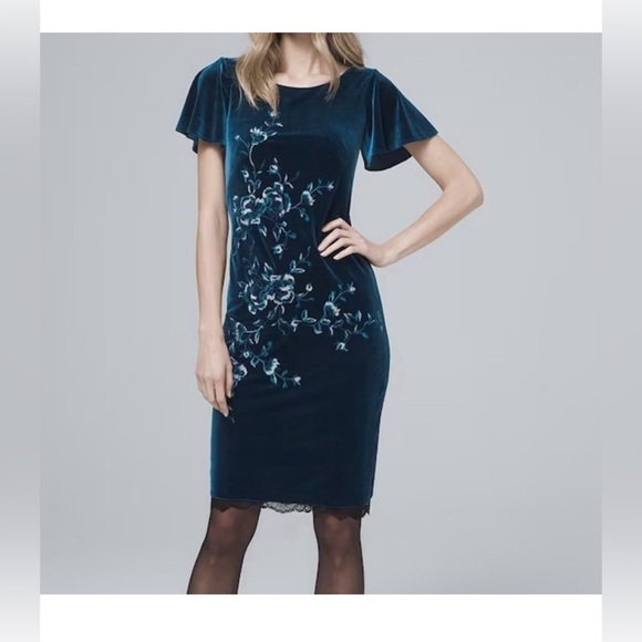 White House Black Market Dresses & Skirts - WHITE HOUSE BLACK MARKET Embroidered Stretch Velvet Dress Size Small Blue Black